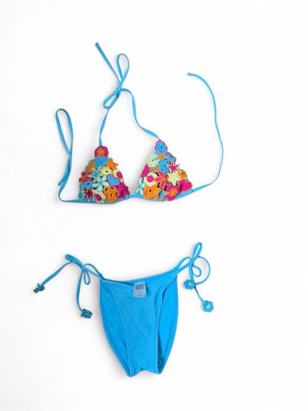 Bright Blue Crochet Floral Triangle Bikini